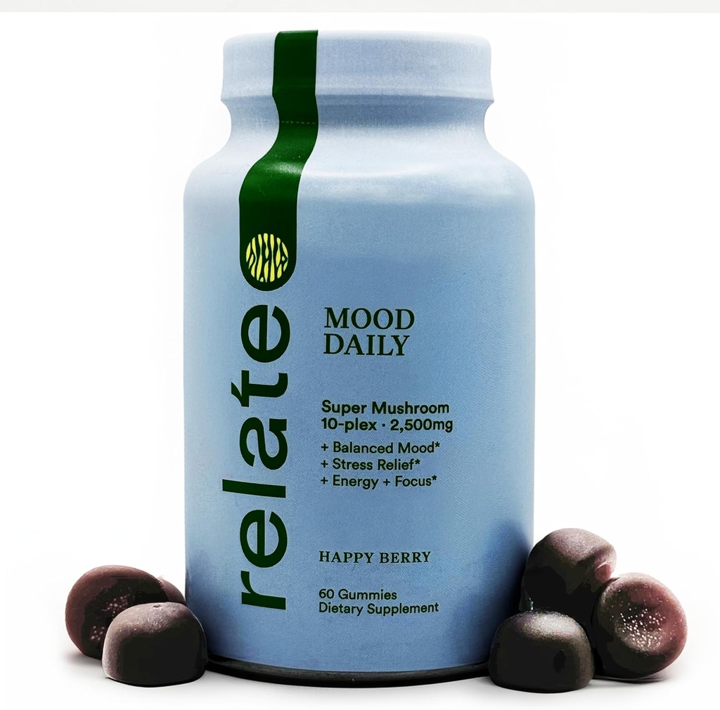 relateer Mood Daily Happy Berry Gummies - Super Mushroom Complex for Balanced Mood & Cognitive Support - 60 Count