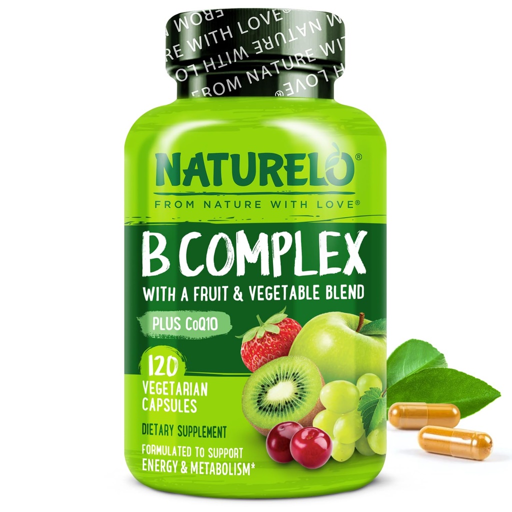 NATURELO Vitamine B Complex with Methyl B12, Methyl Folate, Vitamine B6, Biotin Plus Choline, CoQ10, en Fruit & Vegetable Blend - Supports Energy & Healthy Stress Response - Vegan - 120 capsules