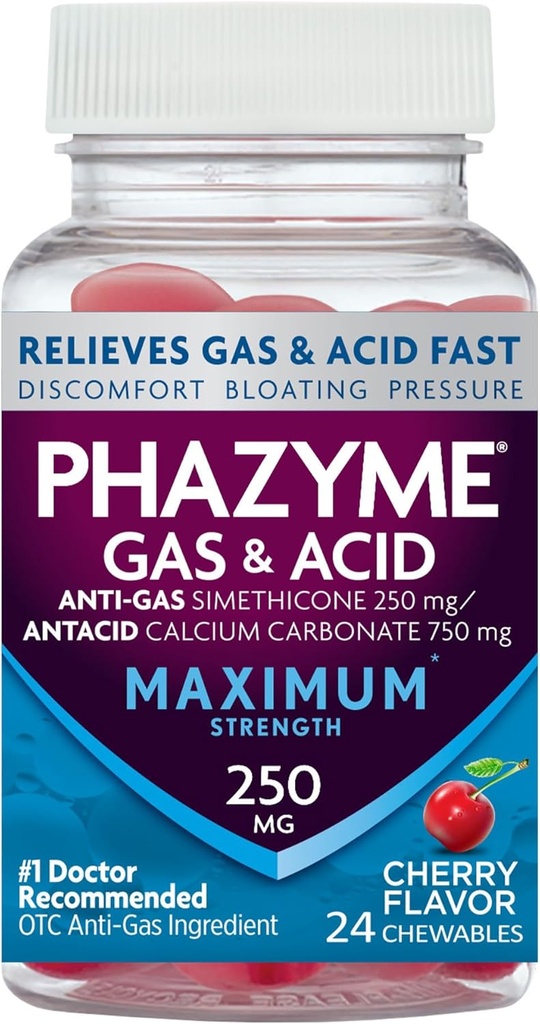 Phazyme Maximale sterkte gas & Acid Relief, werkt snel, kersensmaak, 24 Kauwen (Verpakking mei Vary)