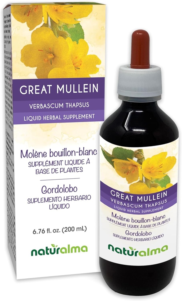 Naturalma Great Mullein of Common Mullein (Verbascum thapsus) Bloem en blad Alcoholvrije Tinctuur - 6,76 fl oz Liquid Extract in druppels - Kruidensupplement - Veganistisch