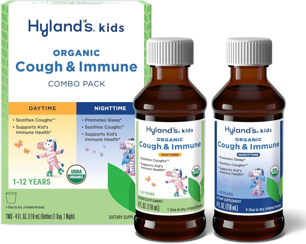 Hyland's Kids Biologische Hoest en Immuun Dag en Nacht Combo Pack, Eases Hoesten, Ondersteunt Immuniteit, Promoot Slaap, Twee 4 Fl Oz. Flessen (8 fl oz)