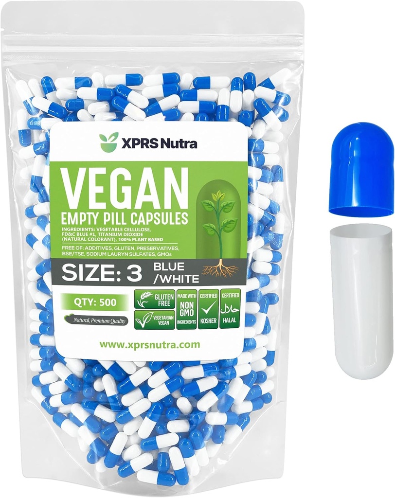 XPRS Nutra Maat 3 Lege Capsules - 500 Graaf Lege Vegan Capsules - Vegetarische Pillen - DIY Plantaardige Capsule Vulling - Veggie Pill Caps (Blauw/Wit)