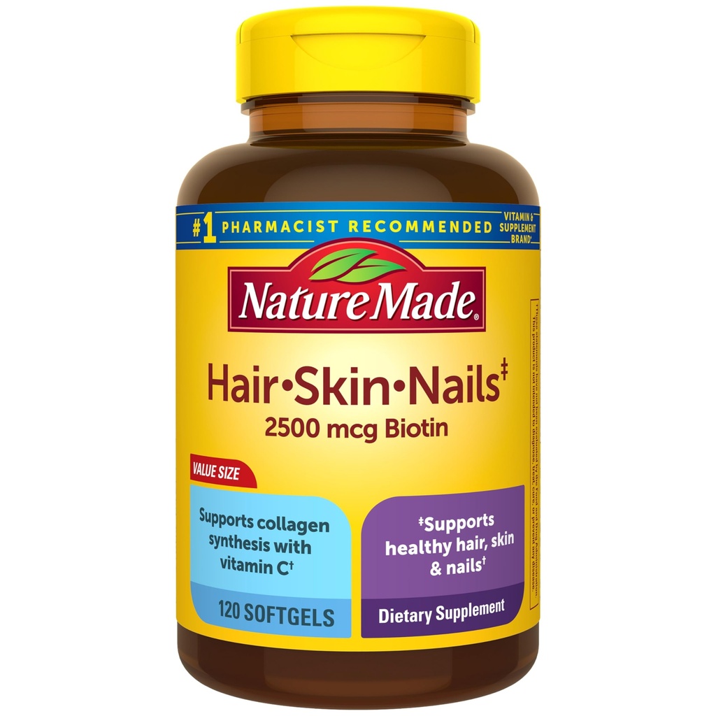 Nature Made Hair Skin and Nails with Biotin 2500 mcg, Dieetsupplement voor gezonde haarhuid en nagels ondersteuning, 120 Softgels, 120 dagen levering