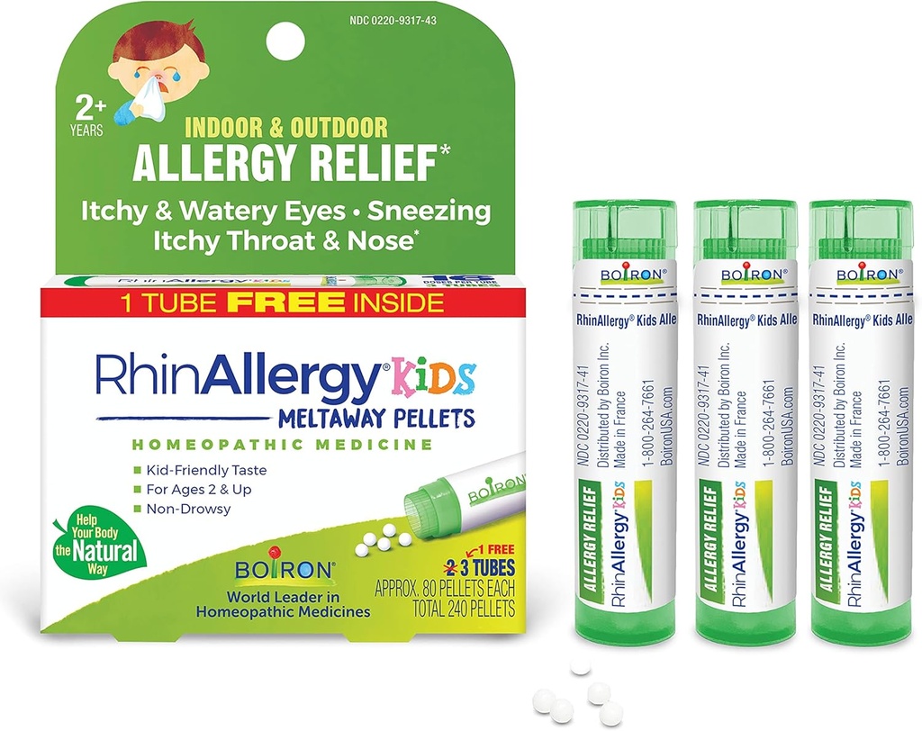 Boiron RhinAllergie Kinderen Pellets voor verlichting van de Allergie Symptomen van niezen, Runny Neus, en jeukende ogen of keel - 3 Tel (240 Pellets)