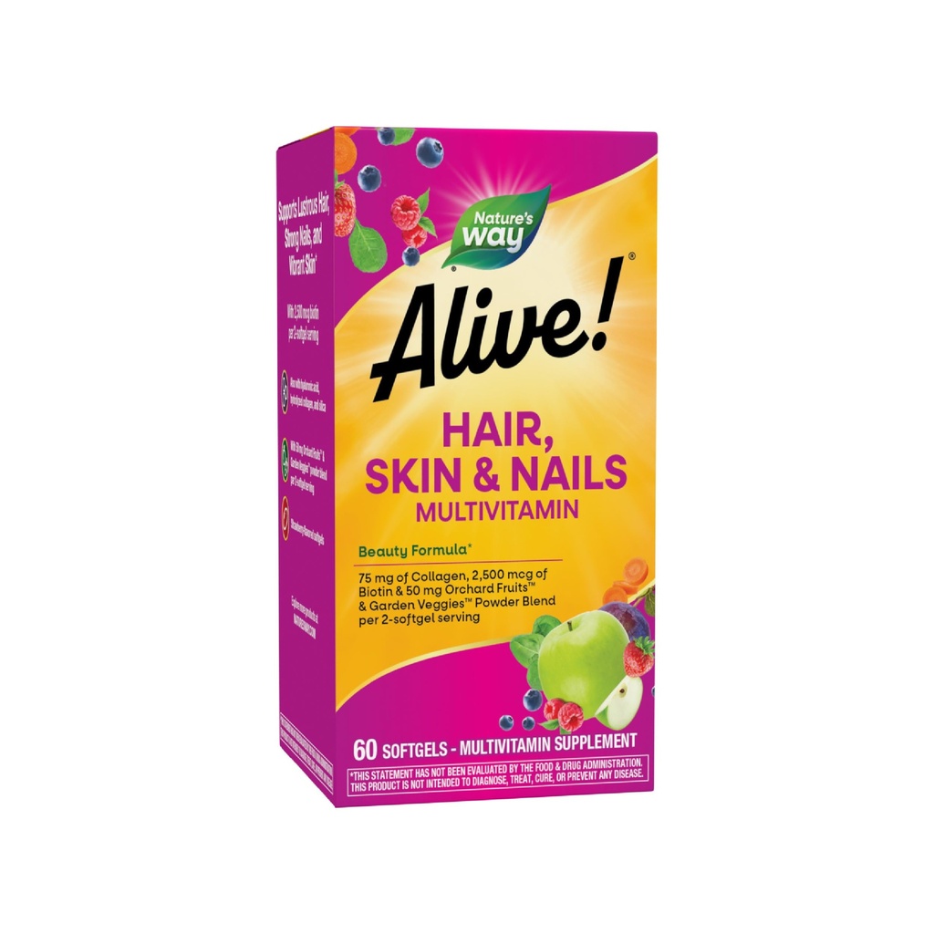 Nature's Way Alive! Hair Skin and Nails with Collagen 75 mg & Biotin 2500 mcg per 2-softgels, Dietary Supplement for Healthy Hair Skin and Nails Support*, 60 Softgels (Packaging May Vary)