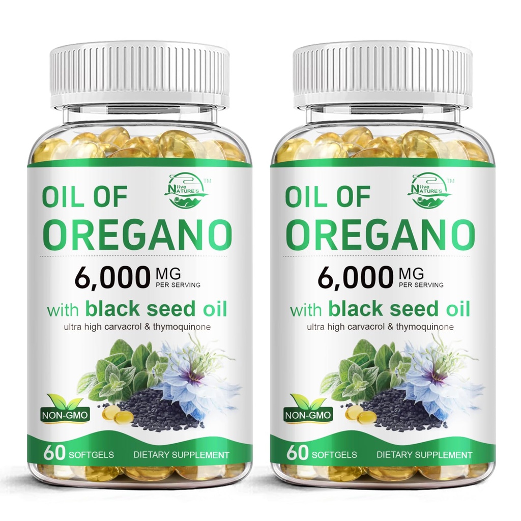 Live Oil of Oregano with Black Seed Oil, 2 in 1 Oregano Supplement for Immune Health, Reains High Concentrated Carvacrol & Thymochinon, Non-GMO, 60 Softgels, 2 Pack