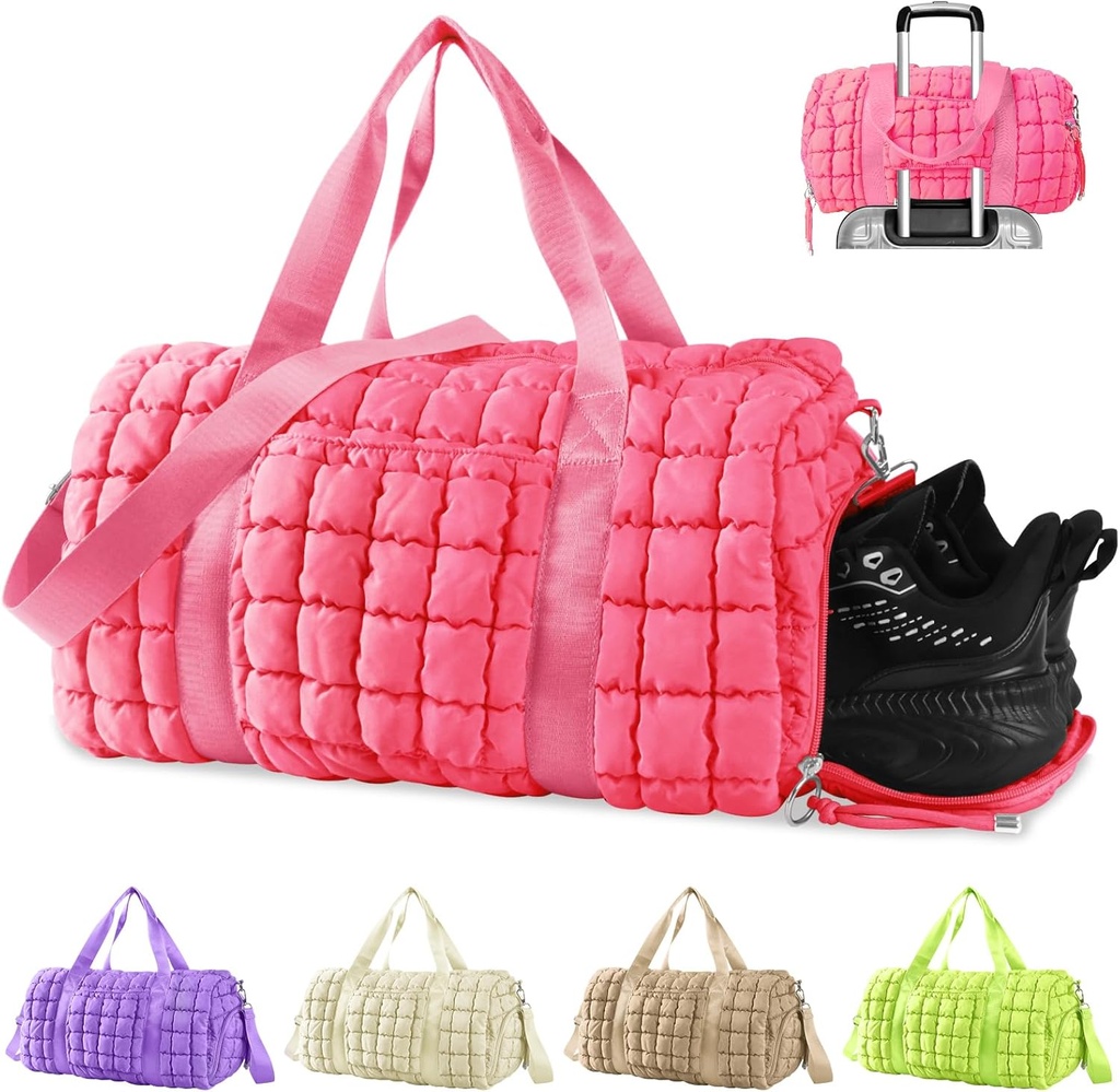 Gewatteerde Gym Bag Duffle voor vrouwen,Duffle Bag voor reizen met schoenen Compartiment,Puffer Weekender Tassen Overnachting Carry On Bag met Trolley Sleeve voor vliegtuigen,Personal Item Sport Duffel Dance Bag(Pink)