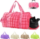 Gewatteerde Gym Bag Duffle voor vrouwen,Duffle Bag voor reizen met schoenen Compartiment,Puffer Weekender Tassen Overnachting Carry On Bag met Trolley Sleeve voor vliegtuigen,Personal Item Sport Duffel Dance Bag(Pink)