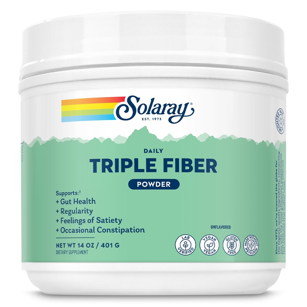SOLARAY Triple Fiber Powder - Daily Fiber Supplement for Women and Men w/Prebiotics - Gut Health, Occasional Constipatie, Digestive Health Support, Unflavored, Vegan, Gluten Free, 30 Servings, 14oz