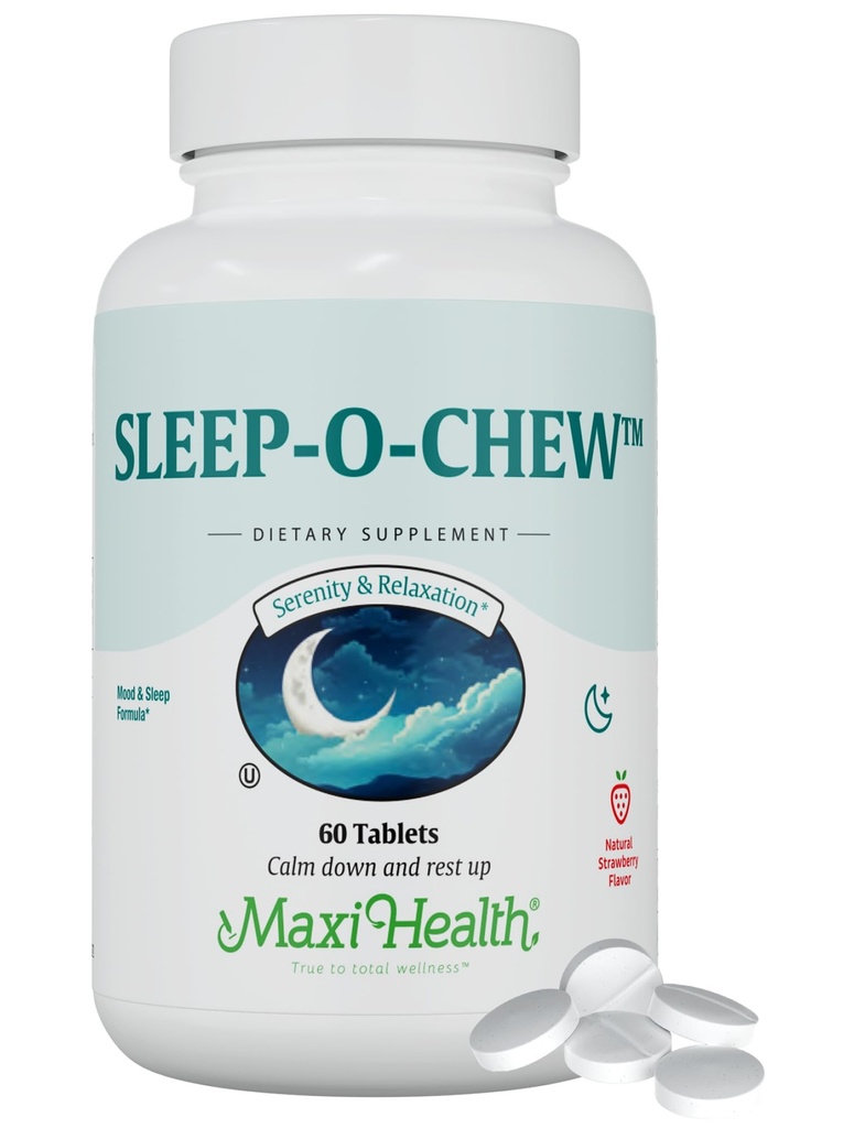 Maxi Health Sleep-O-Chew Aardbei Kauwtabletten met Magnesium, Inositol, L-Tryptofaan, 3mg Melatonine voor slaapondersteuning - Niet Habit vormen slaaphulp voor volwassenen, Kosher slaapsupplement, 60 Tellen