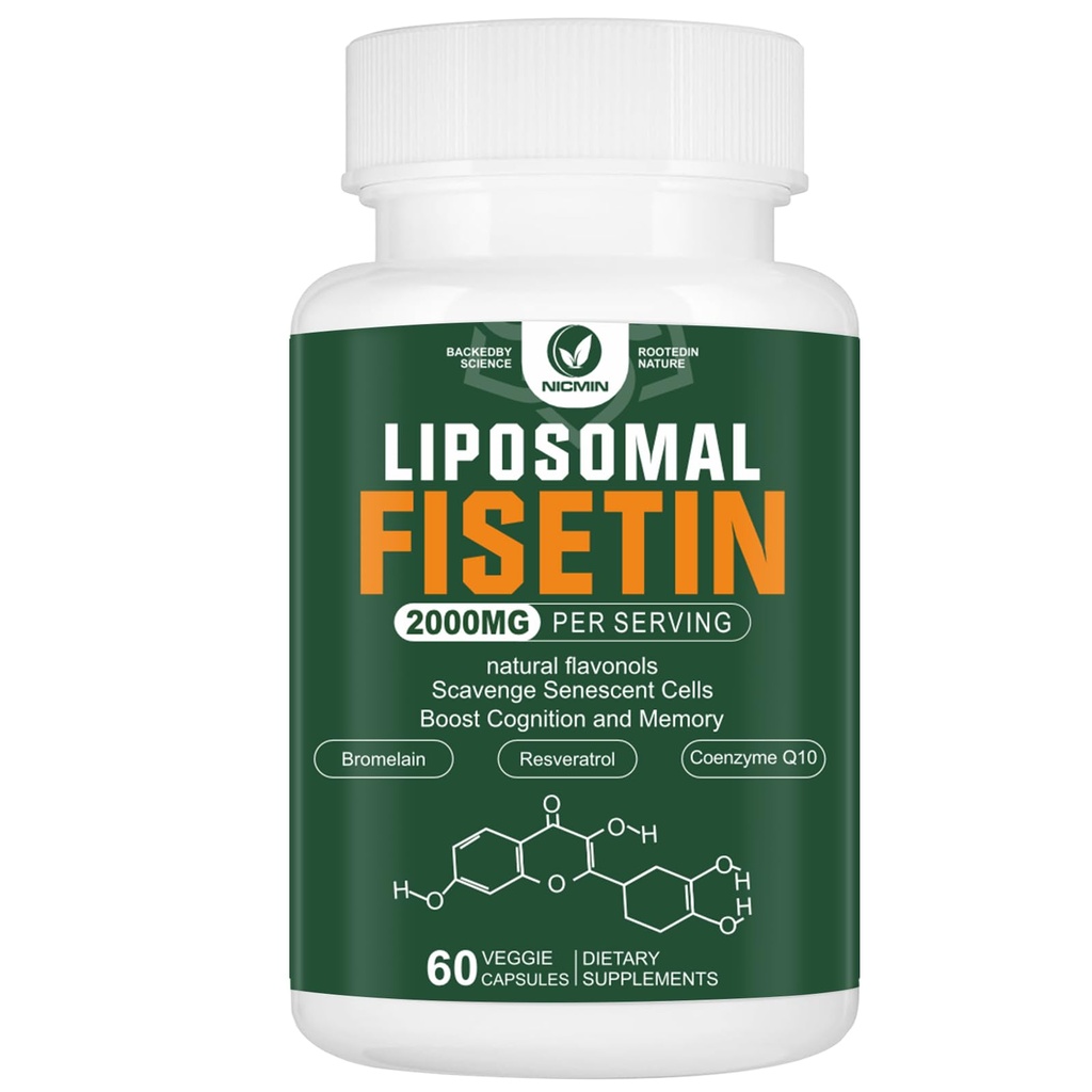 Liposomal Fisetine Supplement, 2000MG, 98% Pure Fisetin Polyfenolen Antioxidanten, met quercetine, TMG en Resveratrol, voor gezonde veroudering, Cognitive Support, 60 capsules