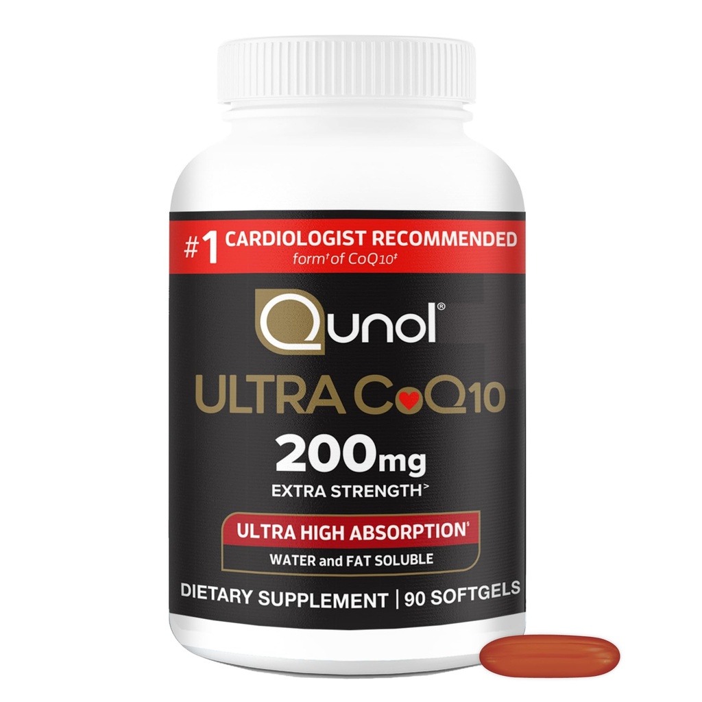 Qunol CoQ10 200mg Softgels, Ultra CoQ10 - Ultra High Absorptie CoEnzyme Q10 Supplementen - Antioxidant Supplement voor Bloedvat- en Hartgezondheid en Energieproductie, 90 Tel.