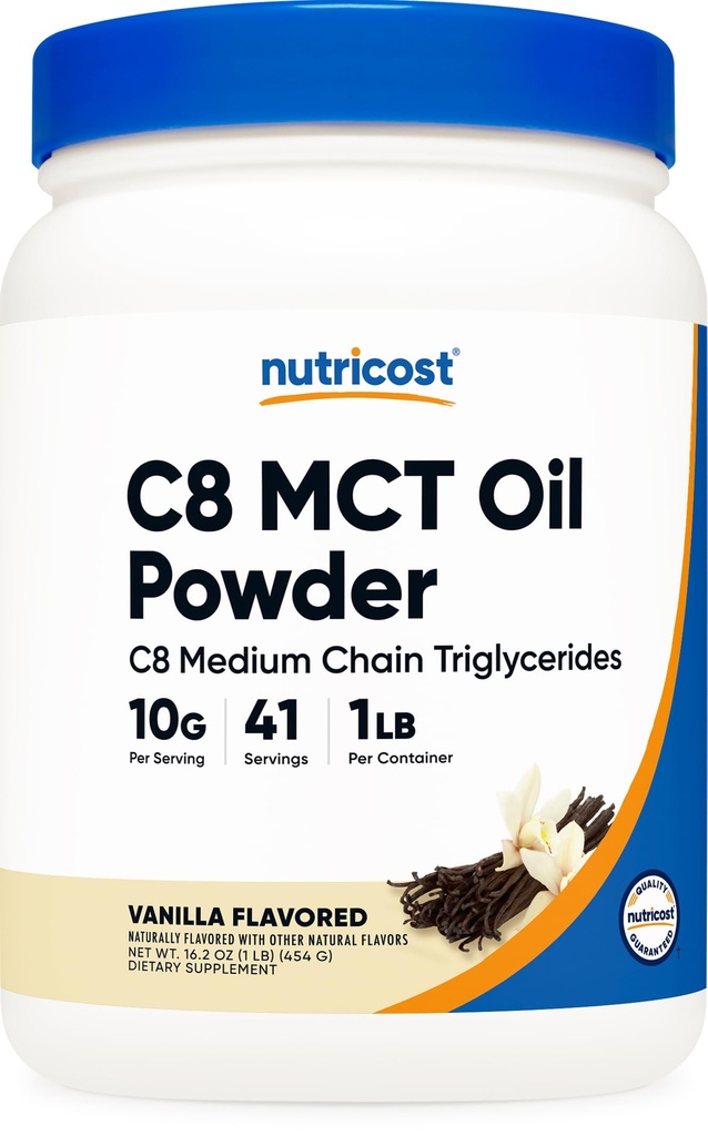 Nutricost C8 MCT poudre d'huile 1LB (16oz) Vanille Flavor - 95% C8 MCT poudre d'huile, le meilleur pour les régimes kéto, non-OGM, sans gluten