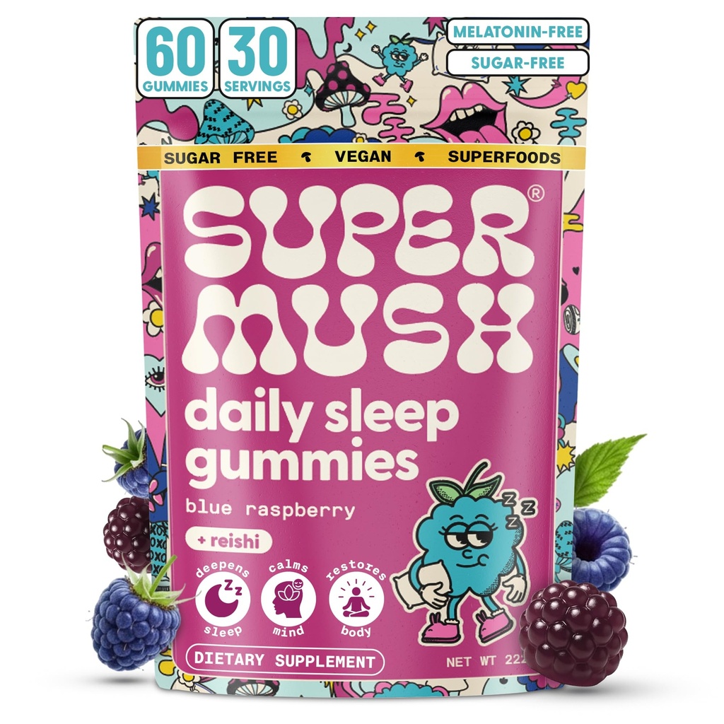 SuperMush Sleep Gummies voor volwassenen - Paddestoelensupplement met Magnesium Citrate, L-Theanine, Chaga, Reishi & Kamille voor diepe slaap, REM & Detox - Vegan & Sugar-Free - 60 Gummies (30 Serves)