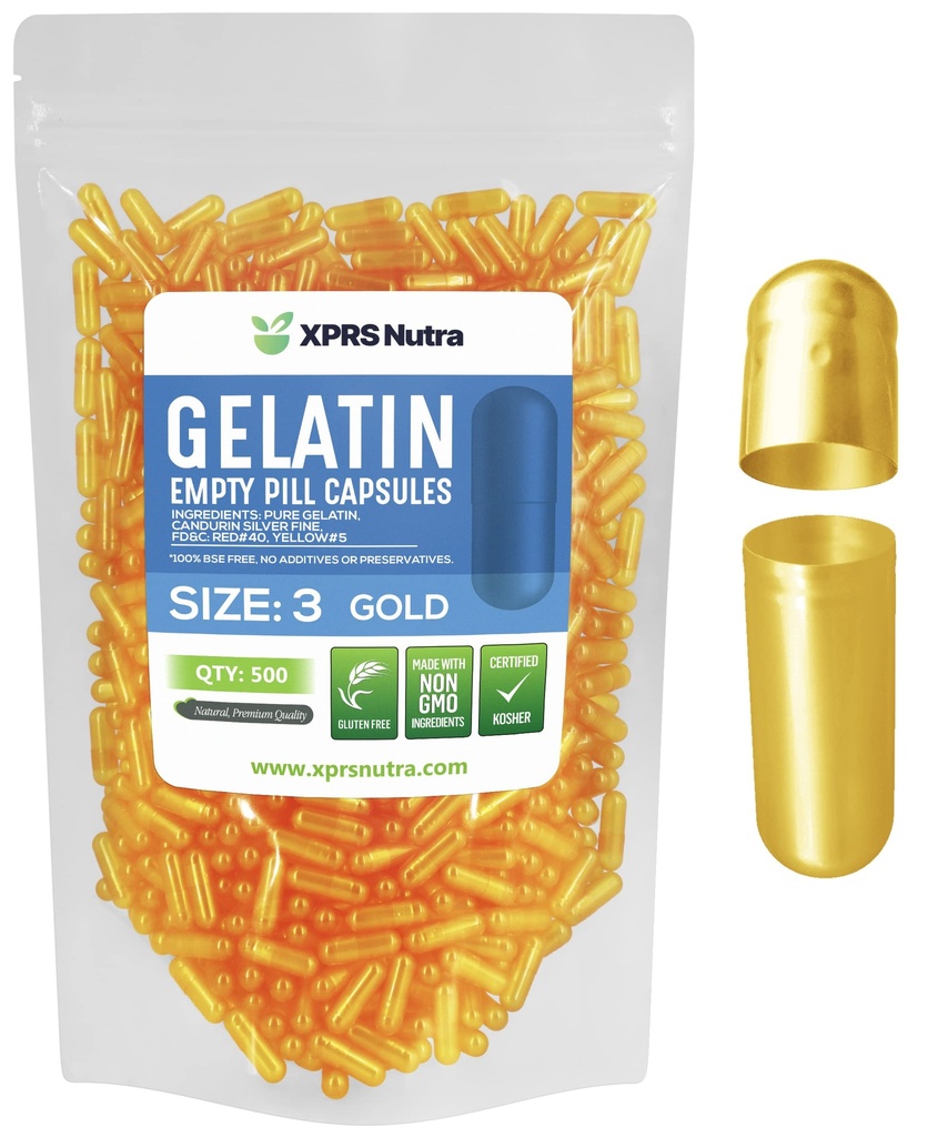 XPRS Nutra Taille 3 Capsules vides - 500 Compte Capsules de gélatine vides - Pills Bricolage Capsule Remplissage - Gel de Pilule de Bovin Pure Remplir pour Do-It-Youlf Vitamines et Suppléments (Or)