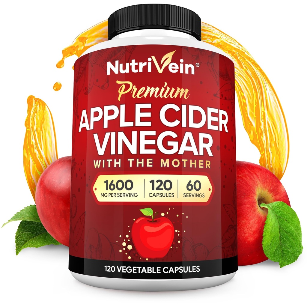 Suppléments de vinaigre de cidre de pomme Nutrivein Premium avec mère - 1600 mg - 120 Capsules de vinaigre de cidre de pomme: pilules de vinaigre de cidre de pomme pour la digestion, le kéto, le nettoyage et la nutrition équilibrée