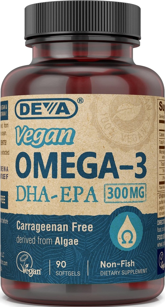 DEVA Vegan Omega-3 DHA-EPA 300MG geen carrageenan, niet-visolie afgeleid van algen, niet-GMO, 90 geleivrije softgels