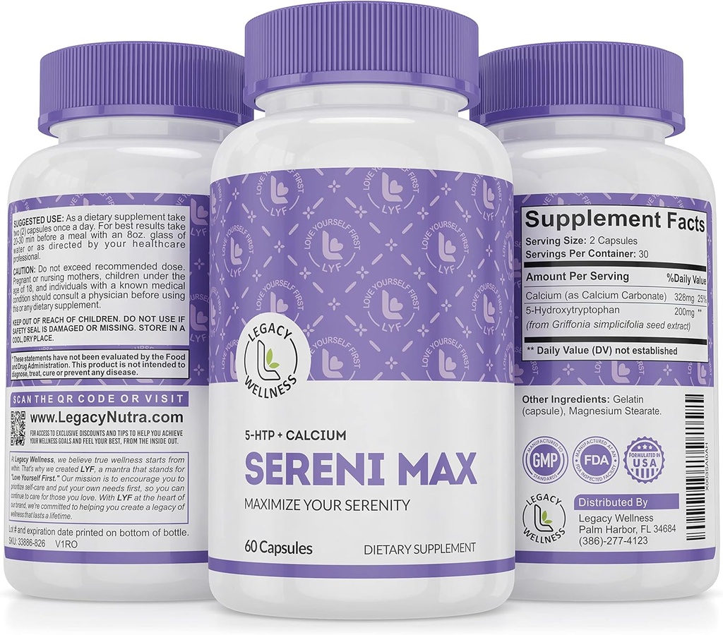 SERINI-MAX - 5-HTP Mood Support Supplement + Calcium - Ondersteunt kalme en vreedzame staat van bewustzijn - Boost serotonine, 5HTP 200mg voor stressbeheer en slaapondersteuning Supplementen - 60 capsules