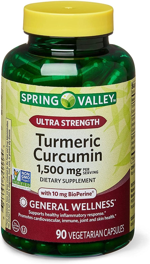 Spring Health 2 Set- Spring Valley Ultra-Strengte Kurkuma Curcumine 1.500mg 90 Capsules + Uw Vitamine Gids, 1.0 Tellen