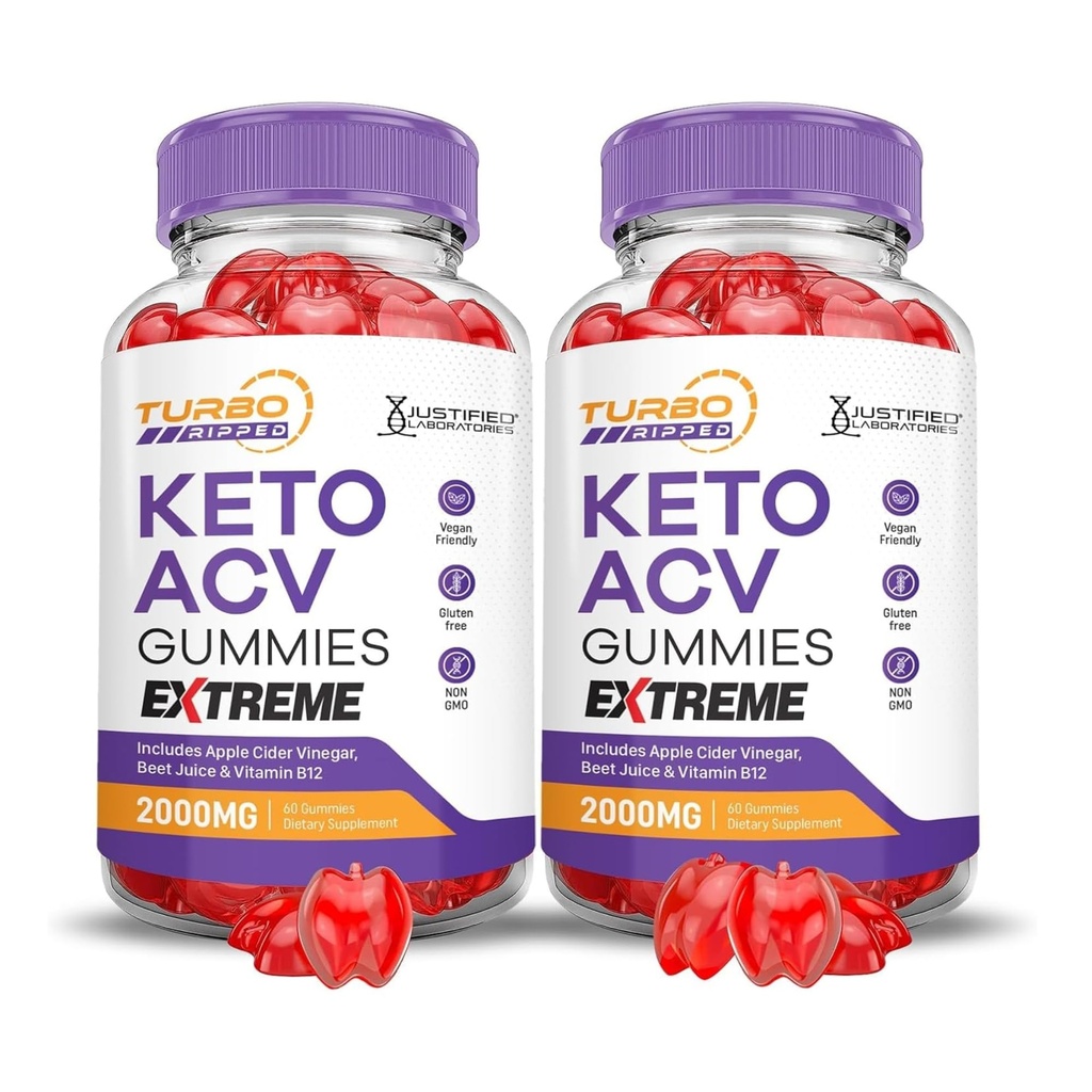 Justified Laboratories (2 Pack Turbo Ripped Keto ACV Gummies Extreme 2000MG Turbo Ripped Keto Gummies Apple Cider Vinegar Geformuleerd met Granaatappel Beet Juice Powder B12 Vegan Non GMO 120 Gummys