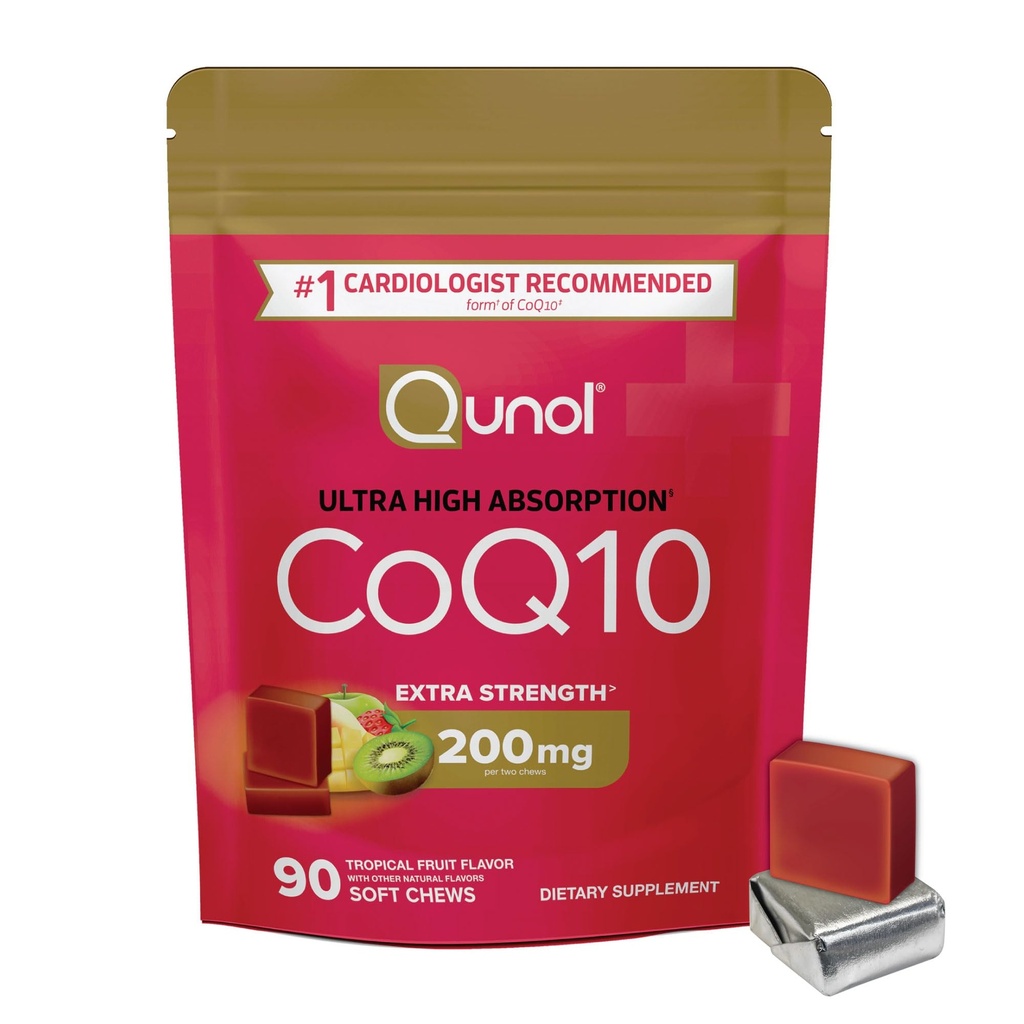 Qunol CoQ10 200 mg zachte kauwen, extra sterkte en ultra hoge absorptie Co-enzym Q10 supplement, #1 cardioloog Aanbevolen supplement voor de gezondheid van het hart, 90 Tel.