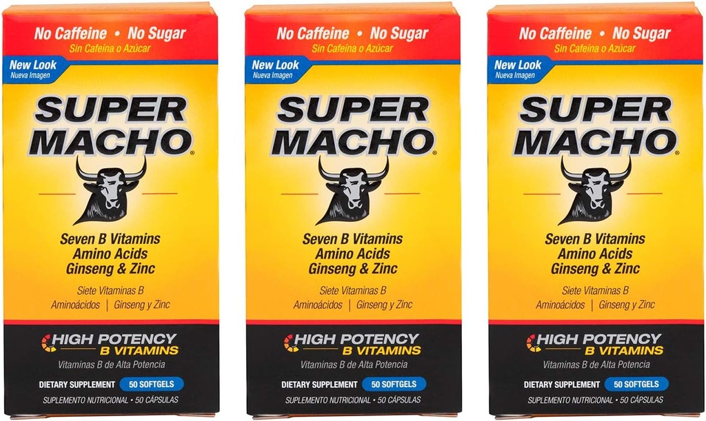 Super Macho Dietary Supplement with High Potency Zinc & 7 B Vitamins, No Preservatives, Sugar or Caffeine, Made in USA, 50 Softgels (3 Pack)