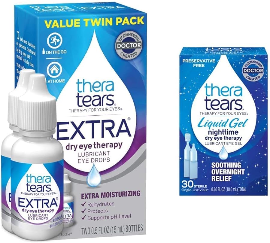 TheraTears Extra Dry Eye Therapy Lubrifiant gouttes pour les yeux secs, 0,5 fl oz bouteille, 2 Compte(paquet de 1) & Gel liquide gouttes pour les yeux lubrifiants de nuit pour les yeux secs, flacons à usage unique, 30 Compte