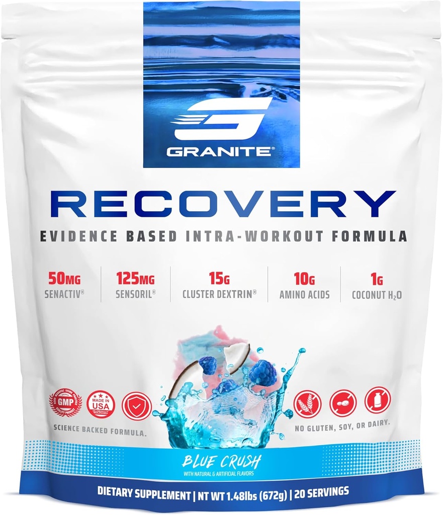 Granietherstel Intra en Post-Workout Supplement, Blue Crush Flavor, met 10g Aminos, Elektrolyten, Cluster Dextrin, & Sensoril, ondersteunt spierherstel en groei (20 Servers)