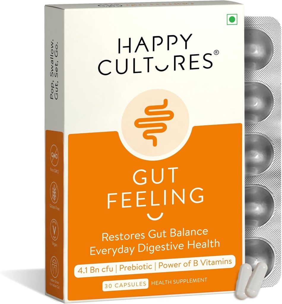 Gelukkige Culturen Gut Feeling Digestie Supplement Unieke Blend van Probiotica voor Dagelijkse Digestieve Gezondheid B-Vitaminen Gut Health Supplement voor Bloating, IBS, Digestie Klinisch Getest - 30 Veg Capsules