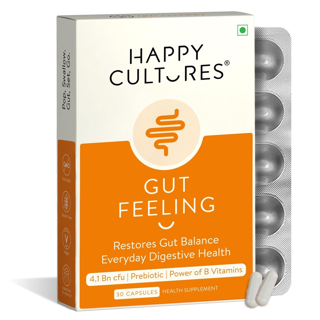 Gelukkige Culturen Gut Feeling Digestie Supplement Unieke Blend van Probiotica voor Dagelijkse Digestieve Gezondheid B-Vitaminen Gut Health Supplement voor Bloating, IBS, Digestie Klinisch Getest - 30 Veg Capsules