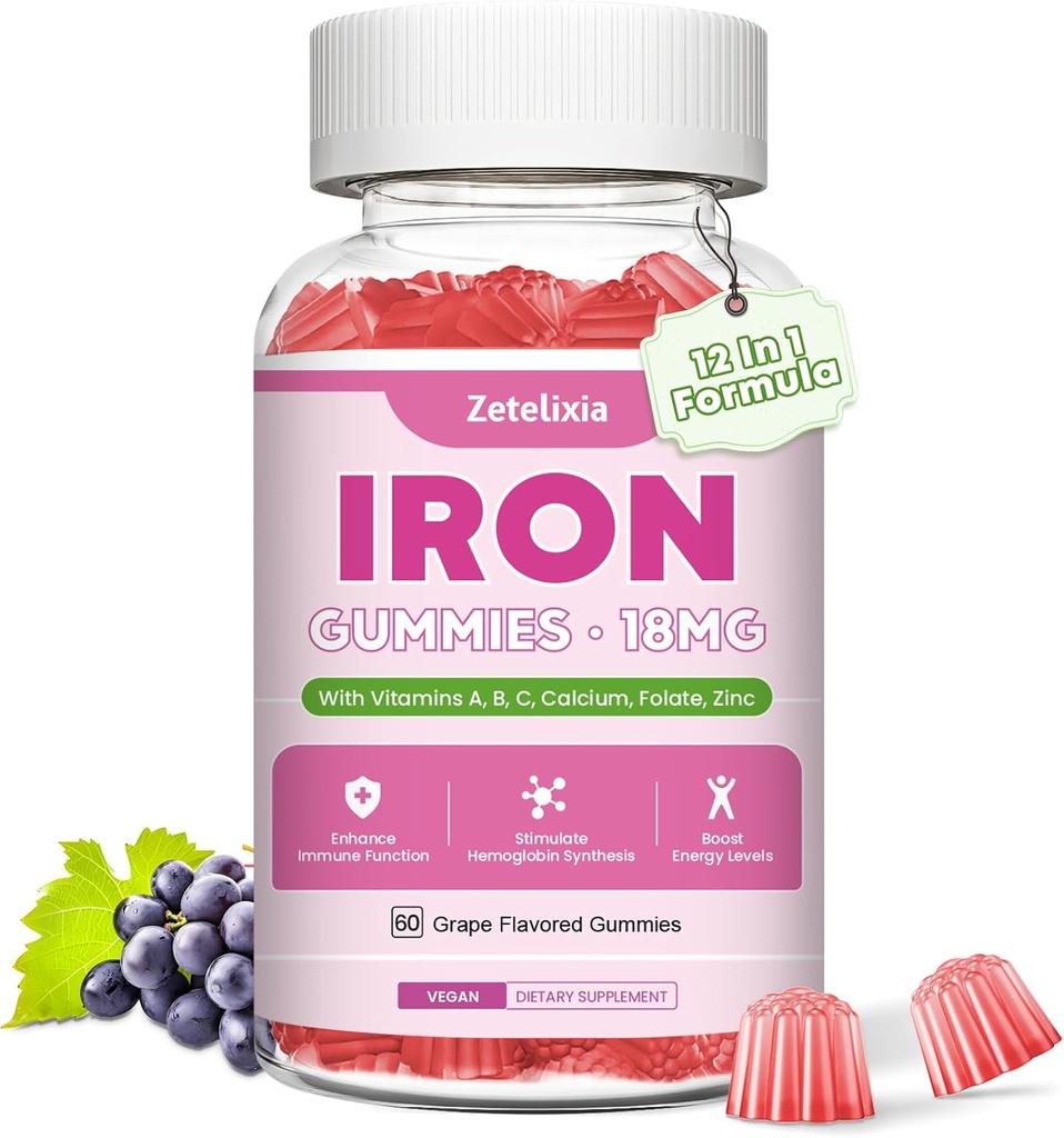 Vegan Iron Supplement Gummies for Women & Men, Anemia, Blood Builder & Energy Support for Iron Deficency, with Vitamin C, A, B Complex, Folate, Beet Root, CoQ10, Zink, Sugar Free, 60 Count