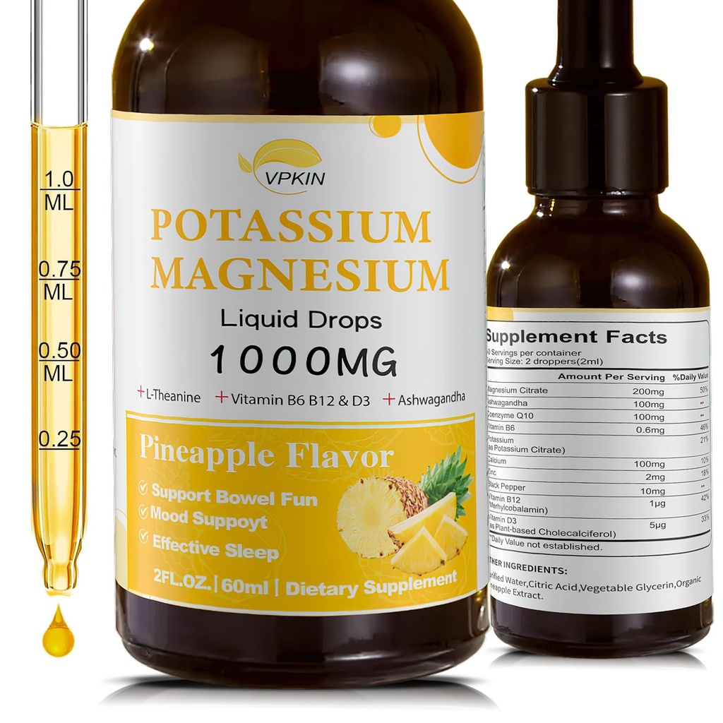 Kalium Magnesium Citrate Supplement, Magnesium Liquid Drops 1000mg met Magnesium Glycinate, Ondersteuning Kalm & Bone & Muscle & Immune Health (Pineapple,2 FL.OZ.)