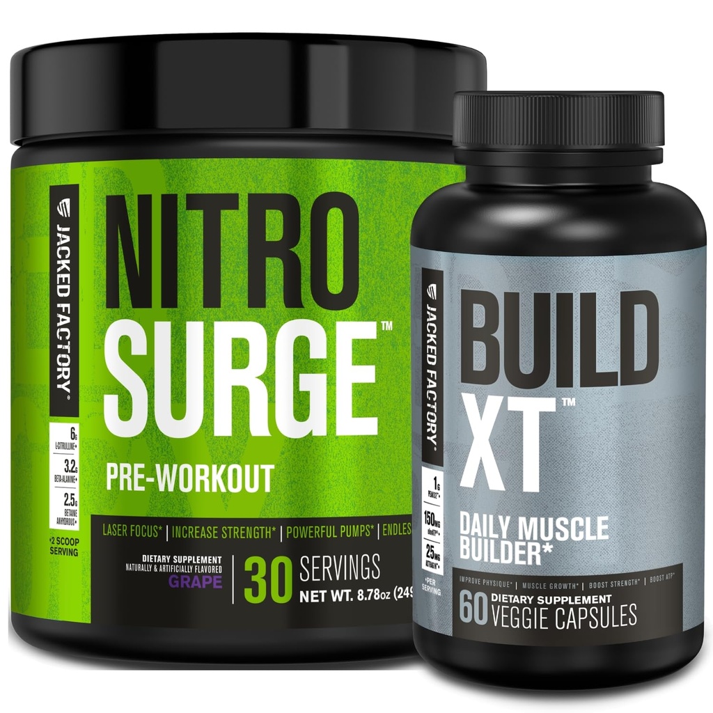 Ge Jacked Factory Nitrosurge Pre-workout in Grape & Build XT Muscle Building Bundle for Men & Women
