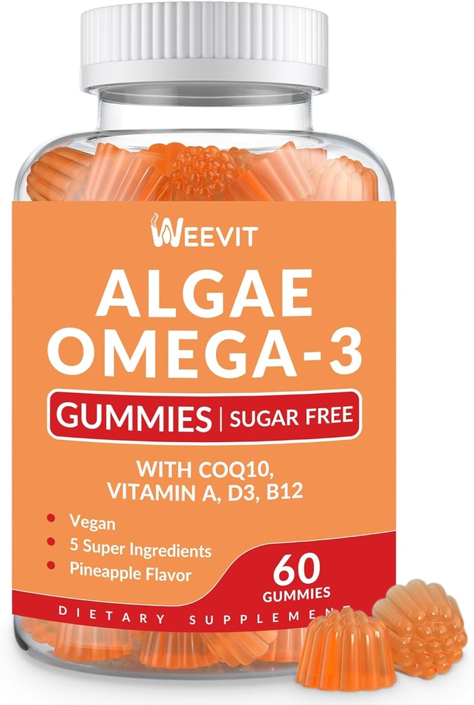 Suikervrije Omega 3 Gummies, Algen Omega 3 Supplement voor volwassenen, Omega 3 DHA 240mg, EPA 110mg met/Vitamine B12,CoQ10