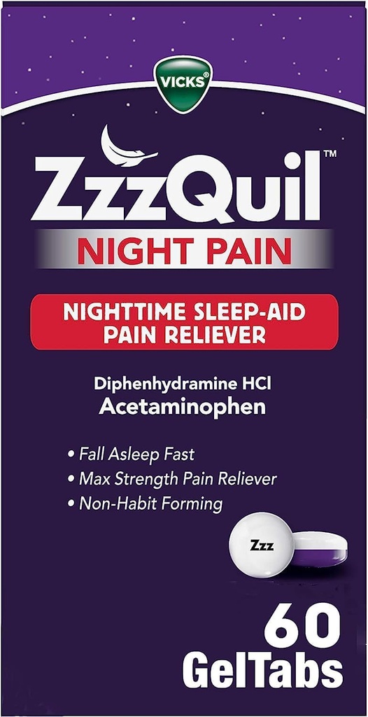ZzzQuil Night Pain GelTabs, Nighttime Pain Relief, Slaaphulp Tablets, Difenhydramine HCl en Acetaminophen, No.1 Slaaphulp Merk, Max Strength Pain Reliever, 60 GelTabs