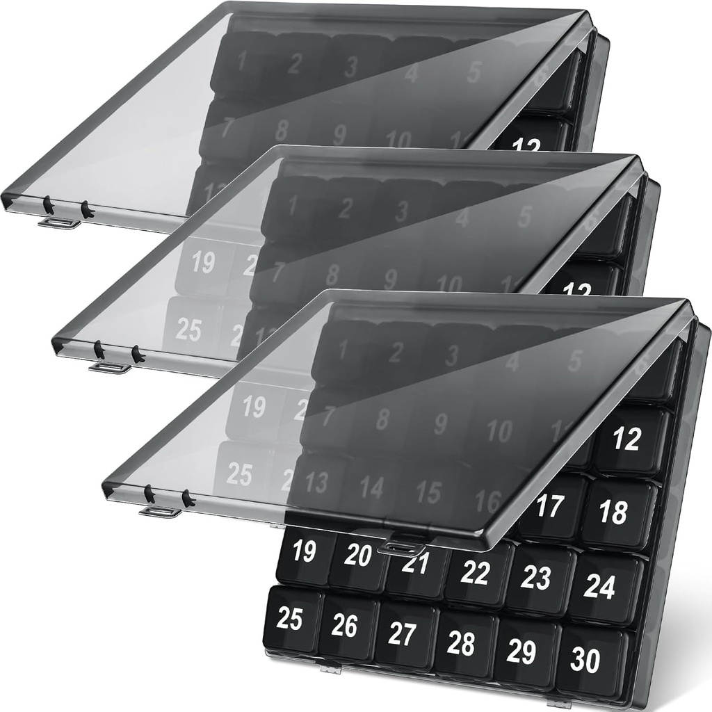 Bokon 3 stuks Maandelijkse pil Organisator - 30 Dag Medicine Box, 4 Weken Opslag Container, Eenmaal een dag Medicatie Dispenser voor reizen, Zwart