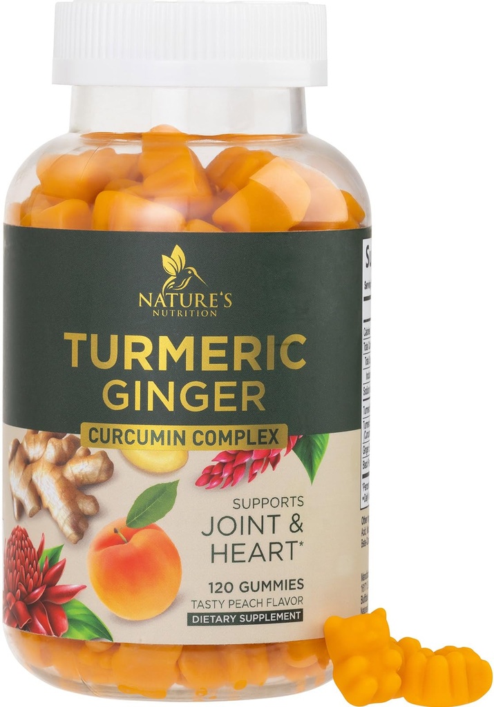 Kurkuma Curcumine supplement Gummies - 95% Curcuminoïden met Kurkuma & Gember, Zwarte peper voor beste absorptie, Natuur Vegan Joint Support, Non-GMO, Glutenvrij, Smakelijke Perzik smaak - 120 Gummies