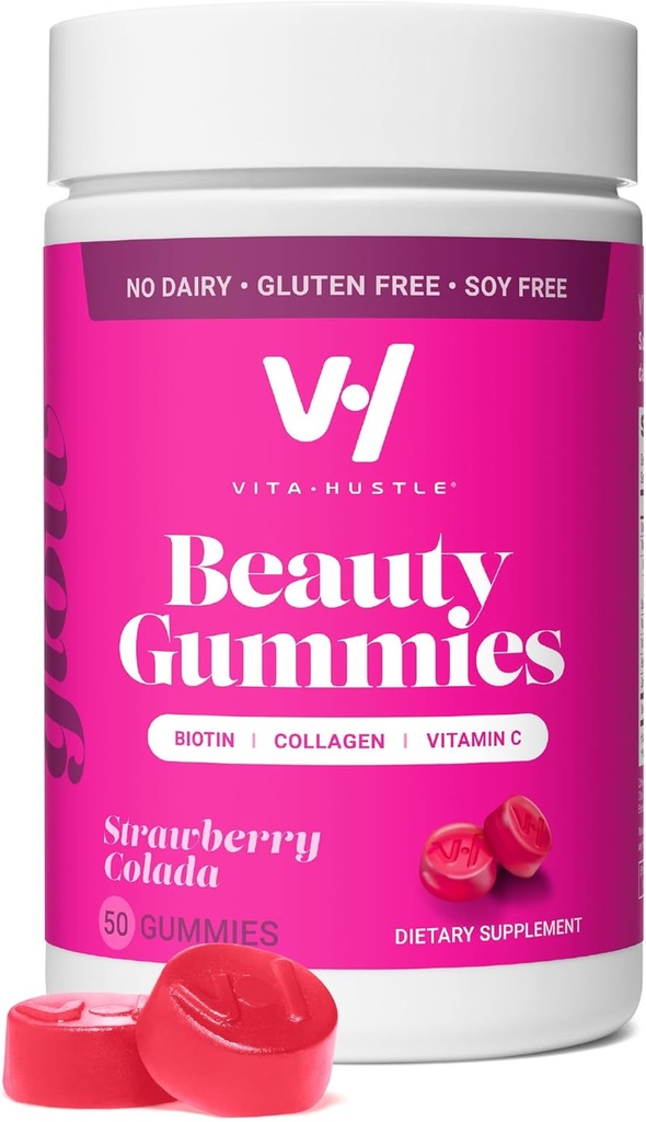VitaHustle Beauty Gummies, 2500 mcg Biotin, 100 mg Collagen, Vitamine C, B-complex, Sterk Haar, Huidnagels, Lage Suiker, Niet GGO, Aardbei Colada, 50 Tellen