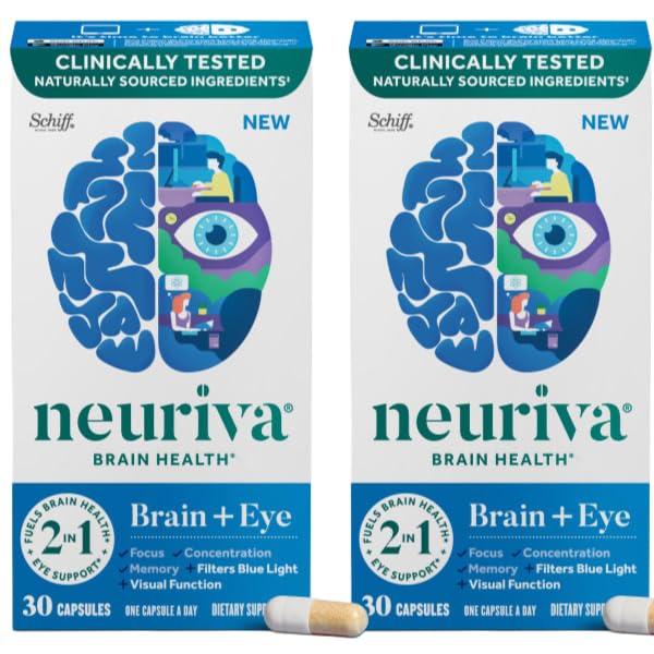 NEURIVA Brain + Eye Supplement for Memory, Focus & Concentration with Clinically Tested Lutein and Zeaxanthine, Vitamins A C & E + Zink for Eye Health & Filter Blue Light Capsules 30 Count Capsules (2 Pack)