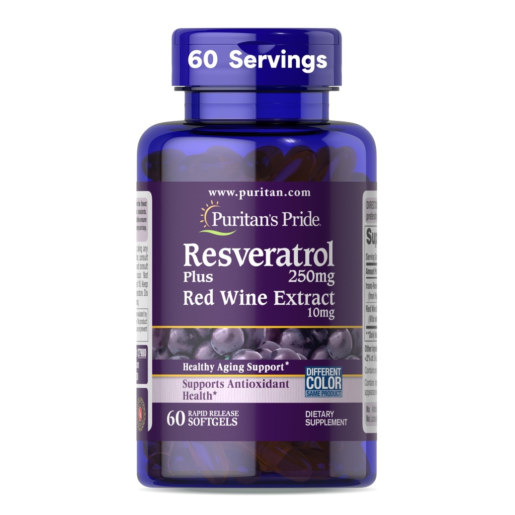 Puritan's Pride Premium Resveratrol Youth GuardTM 250mg, Dieetsupplement voor Immuunsysteem, Antioxidant, Suiker Metabolisme, Bloedstroom en Vasculaire Functie Ondersteuning, 60 Rapid Release Softgels