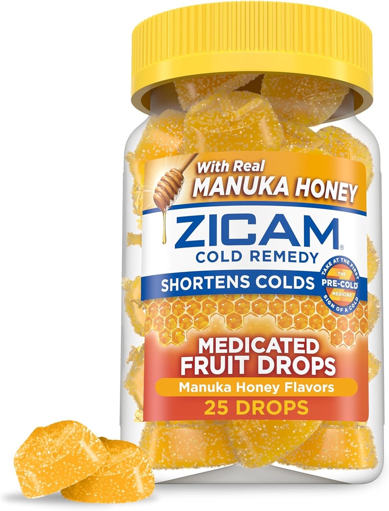 Zicam Cold Remedy Zink Gemedicineerde Fruitdruppels, Manuka honingsmaak, Homeopathische, Koude Verkorting Geneeskunde, Kortsluiting Koude Duur, 25 Tellen