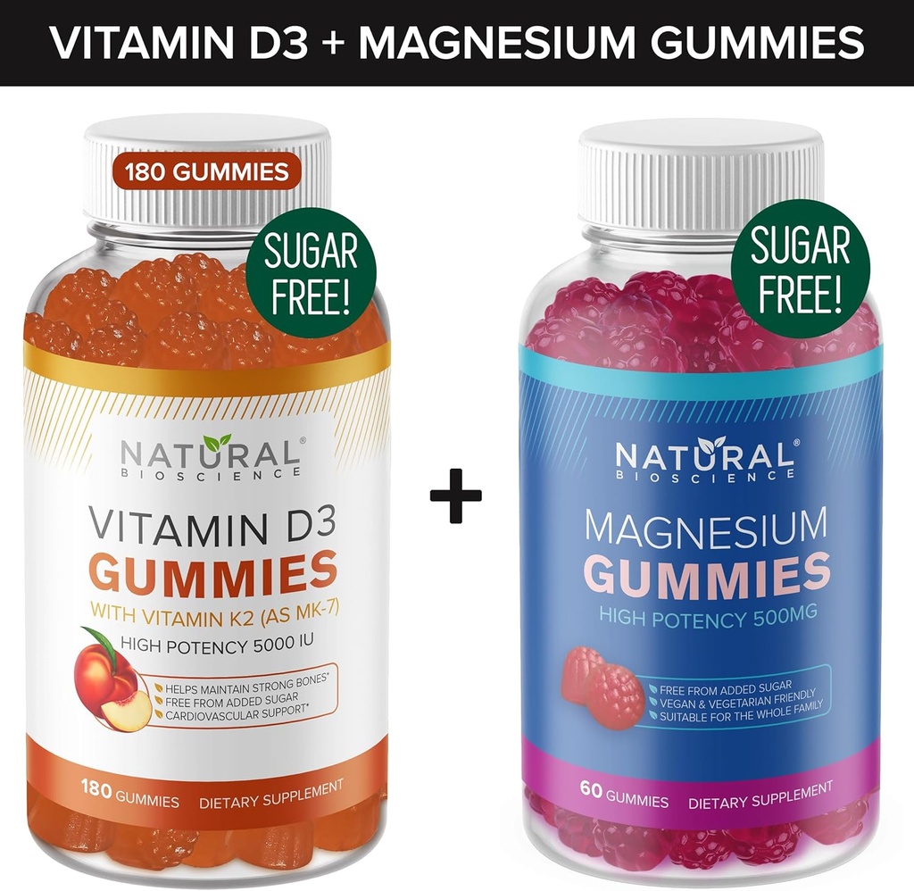 Suikervrije vitamine D3 K2 Gummies (180 Gummies) en suikervrije extra sterkte Magnesium Gummies (60 Gummies), vitamine D3 Gummies 5000 IE+K2 MK7 80 mcg, Magnesium Citrate Gummies 500 mg