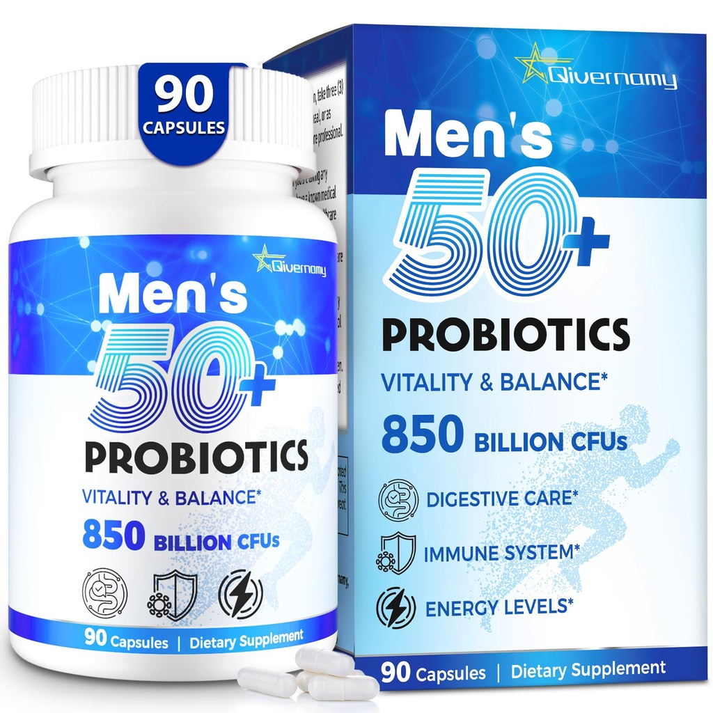 Probiotica voor mannen, Geavanceerde 50+ Heren Probiotica, Uitgebreide Gut & Energy Ondersteuning met 850 miljard CFU, 1800mg Prebiotica Vezel . . Op maat Wellness mens probiotica voor darmgezondheid meer dan 50, 90 Capsule