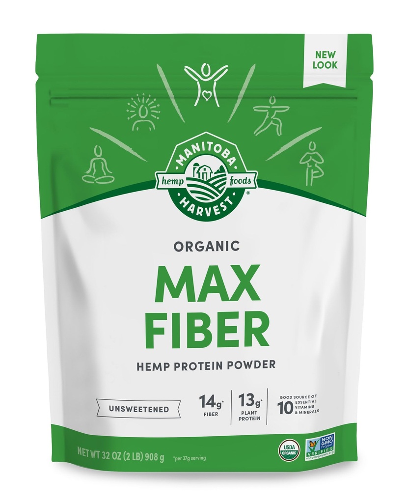 Manitoba Oogst Hennep Yeah Organic Max Fiber Protein Powder, Unsweeted, 32oz, met 13g Fiber, 13g Proteïne en 2.5g Omega's 3&6 per Serving, Keto-Friendly, Conservative Free, Packaging mei Vary