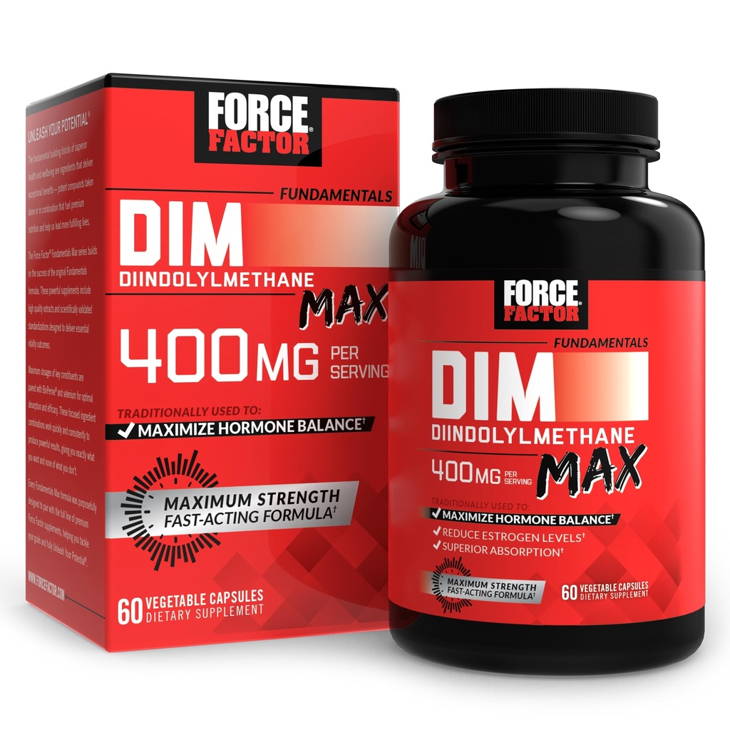 FORCE FACTOR DIM Max, DIM Supplement 400mg, Estrogeen Balance voor vrouwen & Mannen, Extra sterkte voor Hormonale Acne, Metabolisme, Menopauze, PCOS, Diindolylmethaan, Superior Absorptie, 60 Capsules