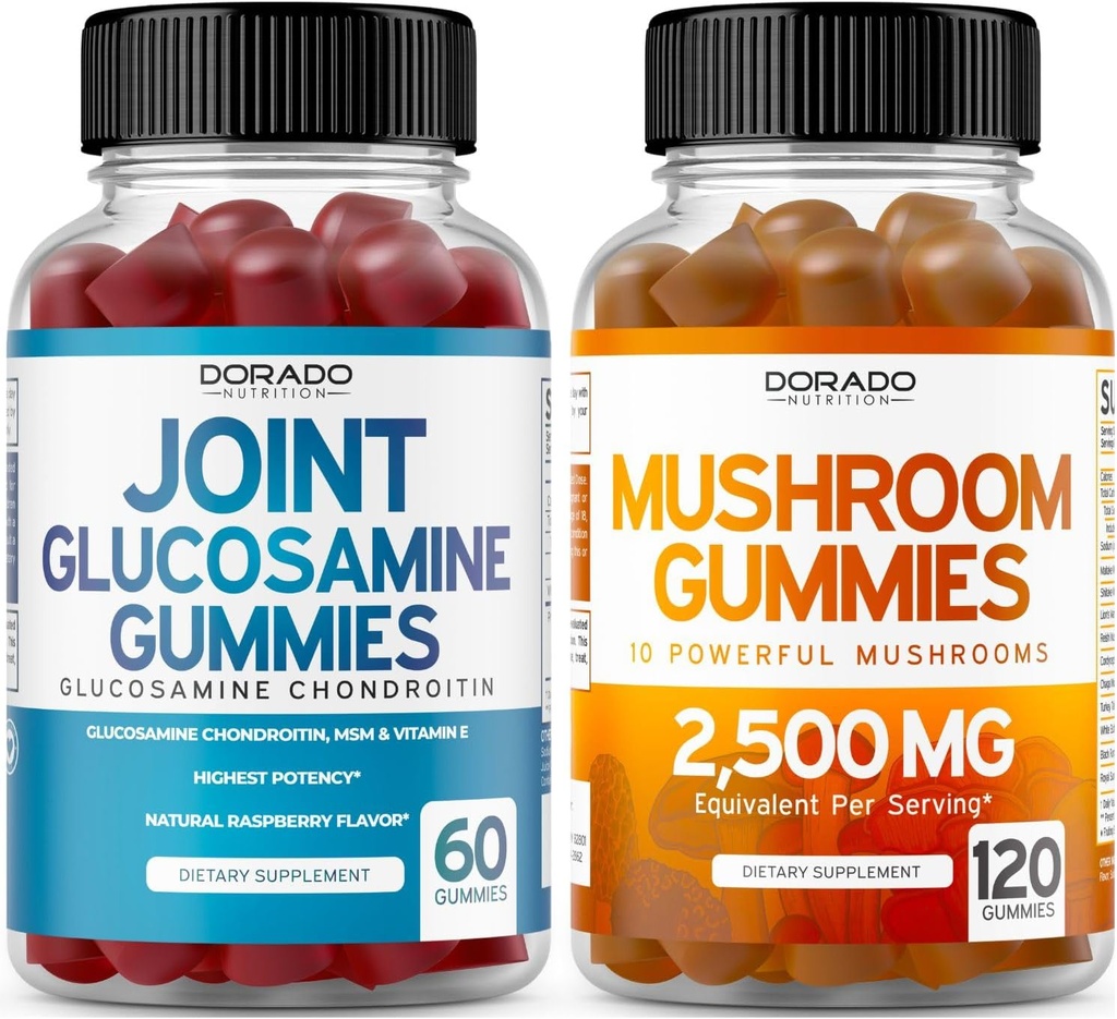 Glucosamine Chondroïtine (60 comte) Suppléments articulaires pour hommes et femmes - Delicious Raspberry Flavor and Mushroom 10 in 1 Blend (120 Gummies) Focus & Cerveau Champignon Supplément - Vegan & USA Made