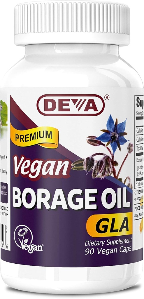 Deva Vegan Vitamins, Borage Oil 500mg, Rijke Bron van Omega-6 Vetzuur GLA (Gamma linoleenzuur), Koudgeperst & ongeraffineerd, 90 tabletten, 1-pack