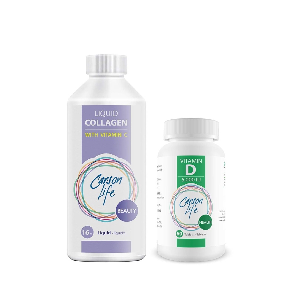 CARSON LIFE - vloeibare collageen met vitamine C 1 fles, 16 Oz bundel met vitamine D supplement 1 fles, 10.000 IE, 60 tabletten voor sterke spieren, botten, tanden, antiveroudering, haarhuid en nagels