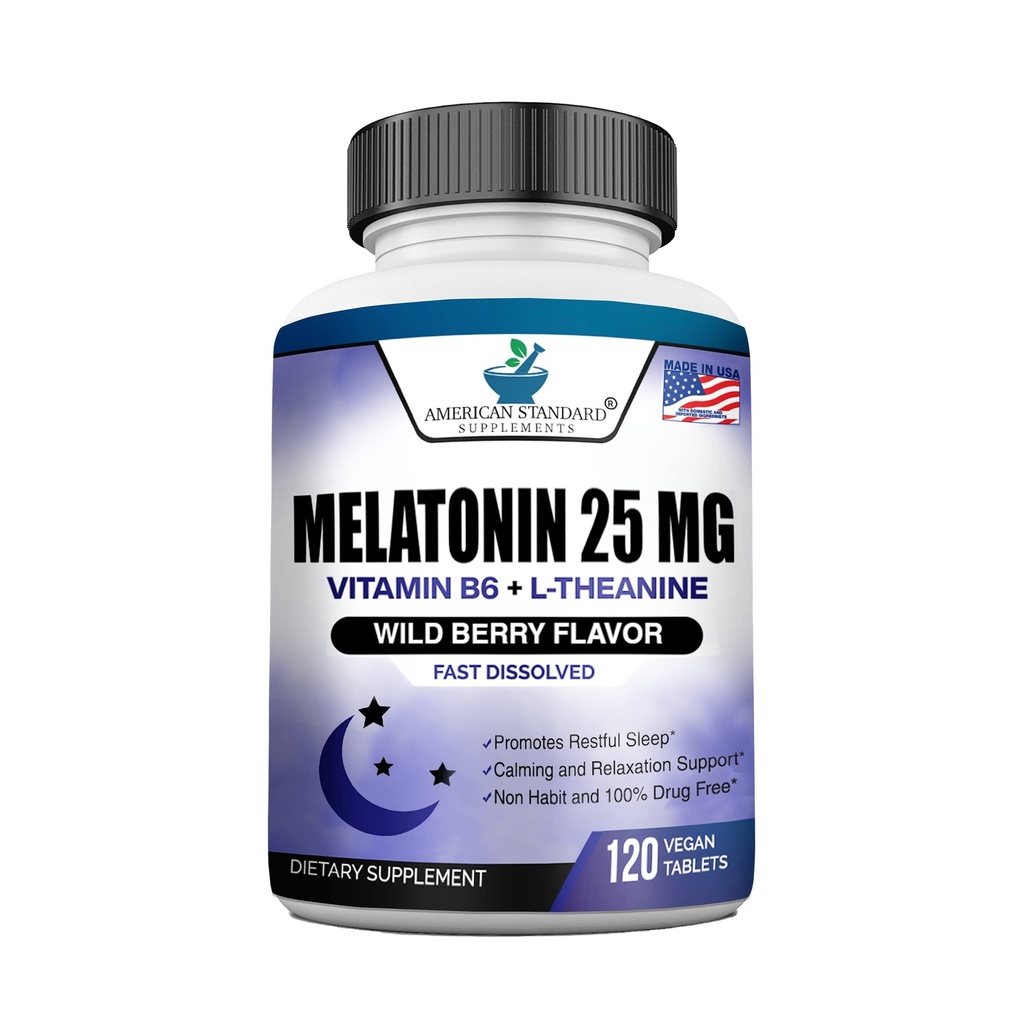 Melatonine 25 mg per één tablet, 120 kauwtablet met L-Theanine en vitamine B-6, ondersteunt gezonde slaapcyclus, bevordert kalmerende en rustgevende slaap, veganist, non-GMO, Made In USA