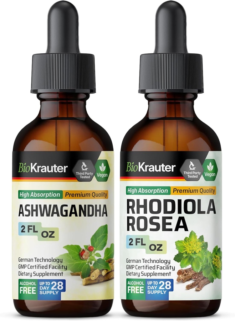 BIO KRAUTER Ashwagandha Tinctuur 2 Fl. Oz. & Rhodiola Rosea Tinctuur 2 Fl. Oz.